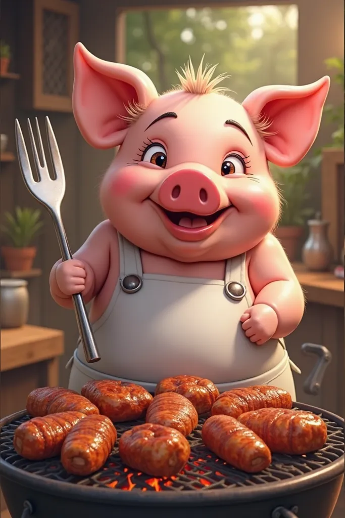 Pig, wearing a white apron, holding a fork , Roasting meat on a long metal grill, very happy