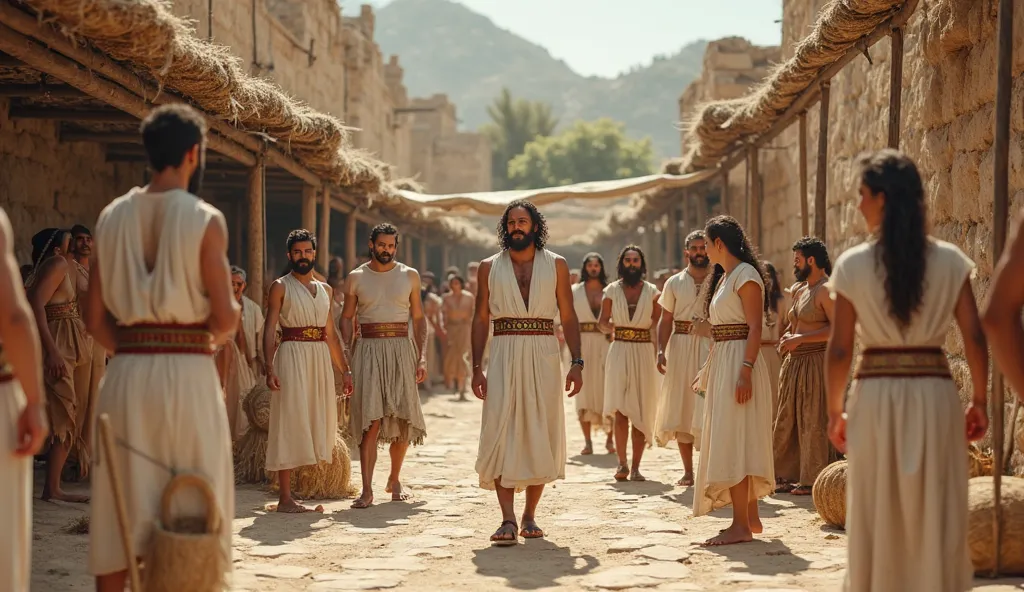 "Ultra-realistic portrayal of Minoan citizens going about their daily activities, featuring men and women dressed in traditional costumes, in white tunics like ancient Greeks, engaged in activities such as trade, crafts, agriculture and domestic life, in a...