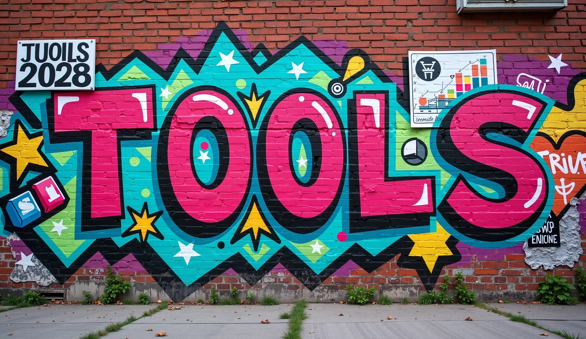 "A high-quality, ultra-realistic image of an urban brick wall covered in colorful graffiti and street art, creating a vibrant 90s-inspired atmosphere. The wall features large, clearly visible posters, stickers, and metal signs displaying corporate tool log...