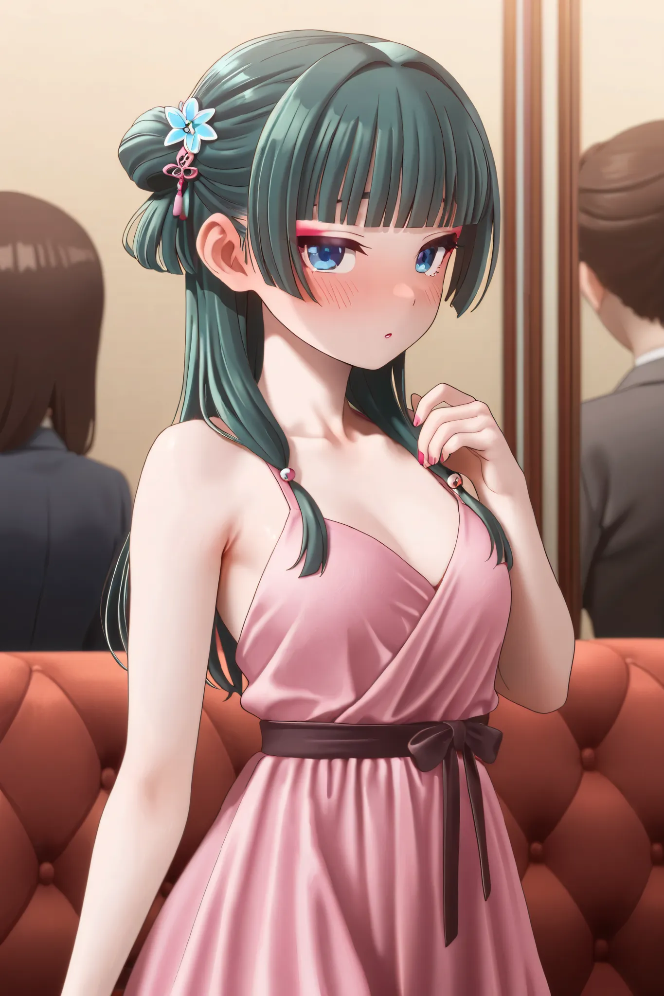 masterpiece,Highest quality,high resolution,very detailed,Cat\( one by one person at the drugstore\),long hair、bangs、 blue eyes、hair ornaments close to the garden、 green hair、鈍いbangs、 bun hair, single bun,lipstick,eyeshadow,High-quality dress, pink dress, ...