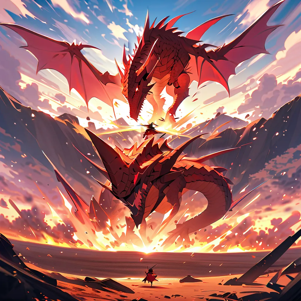 2 red dragons in battle in a vast and lively setting