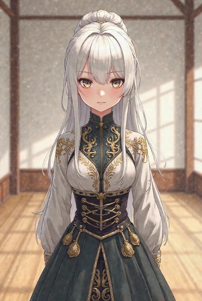 In anime style, make a white-haired girl in a cobrata outfit from the 1890s,  she has a serious face , in a simple dance training room