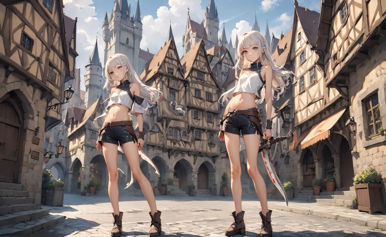 White Long Haired ，Flat chest， Bare shoulder ， Sleeveless Top ， vest，shorts，Bare waist，Navel exposed， Bare Thighs，Thin legs，Medieval European City，High Resolution, Best Quality,，Bangs,  stands，braid, ，pike，full body