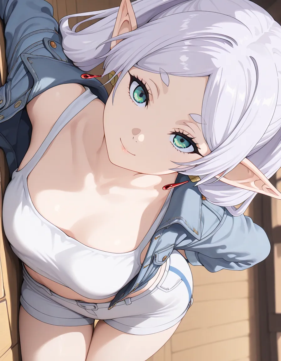 (masterpiece), (portrait), medium breasts (aesthetics), ((1 female, Frieren, 21 years old)), (pointy ears, elf,), ((long hair, twintails)), ((Gray Hair with twintails, )), thin eyes open, green eyes, cute, female, woman, feminine, beautiful, female feature...