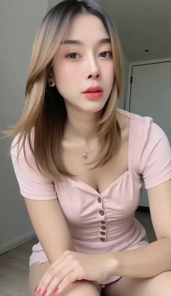 25 years old Korean girl. Smooth skin, deep facial details, realistic. Masterpiece, movie quality. Clear focus. The light hitting her skin makes her stand out (natural light, afternoon light). Natural breasts. She's wearing a light pink short-sleeved dress...