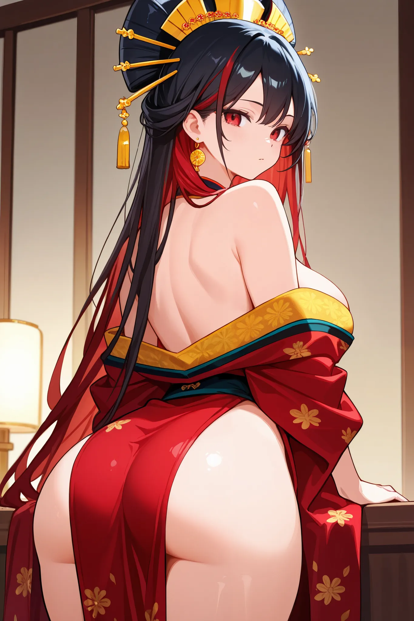 1 girl, Hair length reaches the back, Black hair with some red hair on the edges., red eyes, but not bright, curvy body, wear a sexy Oiran outfit, หน้าอกไซส์ปานกลาง, have a golden earrings