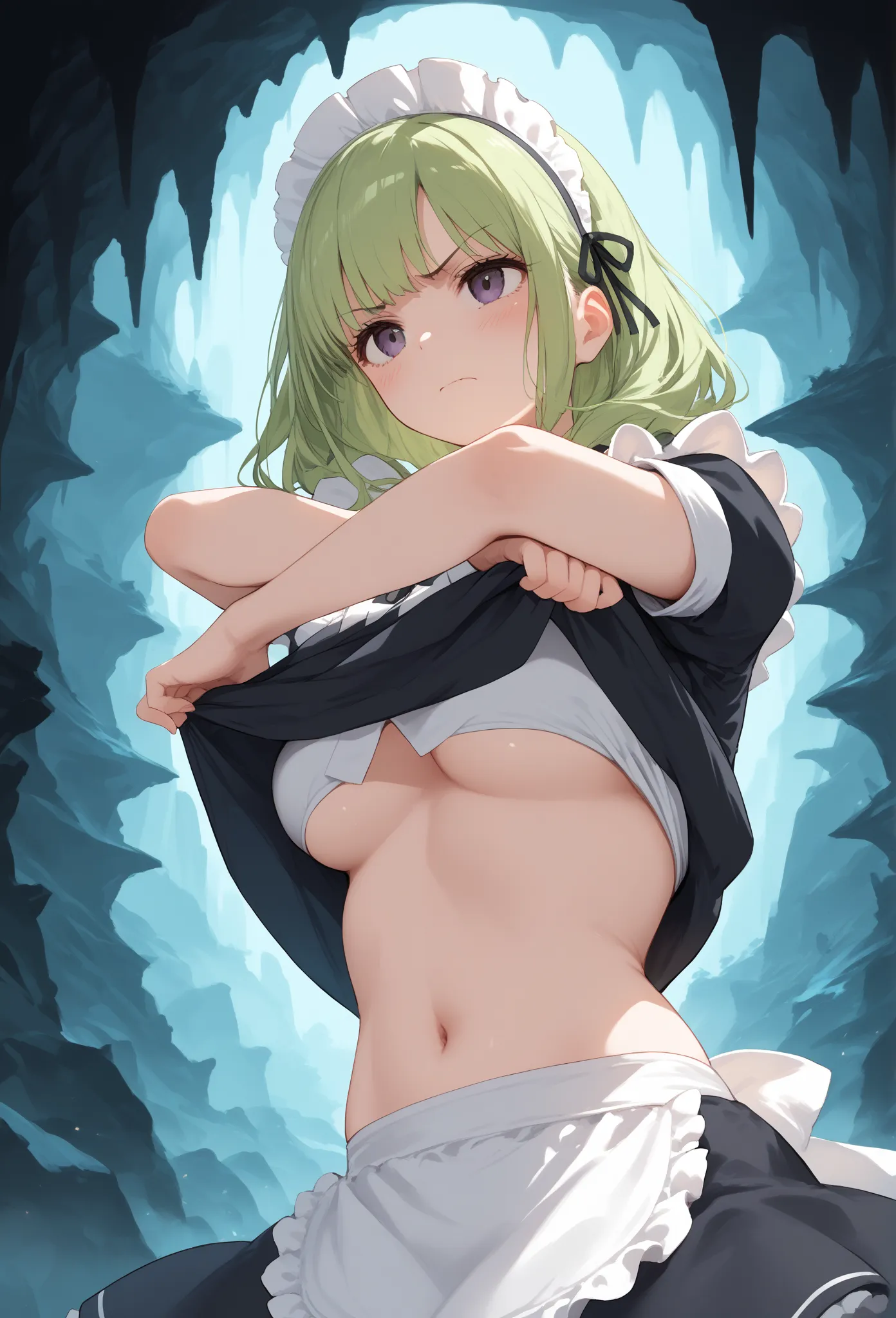 score_9, score_8_up, score_7_up, source_anime,
1girl,solo,medium breasts, maid, maid headdress,
skirt, navel, blush, undressing, shirt lift, clothes lift, lifted by self, crossed arms,from below, panorama shot, looking up, green hair, gray eyes,determined,...