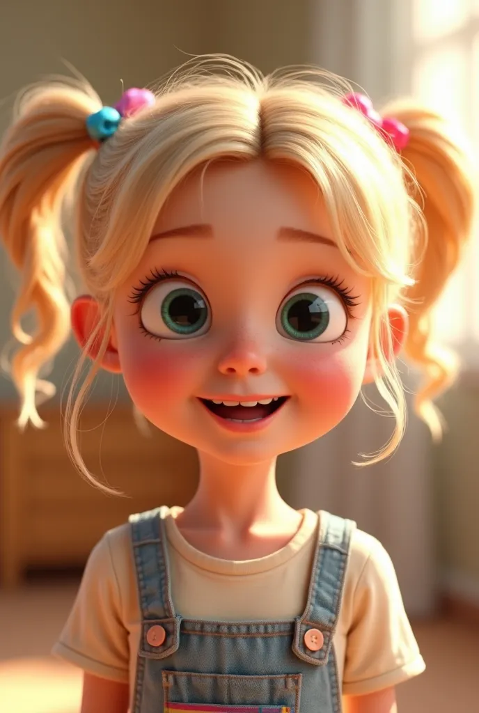 "A  blonde girl in Pixar-style 3D, standing and looking directly at the screen as if engaging with the viewer. She has big, bright blue eyes, rosy cheeks, and a cheerful, curious expression. Her wavy, golden-blonde hair is tied into two playful pigtails wi...