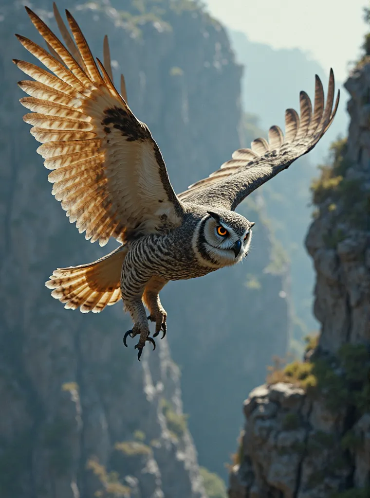 A Majestic Owl, with greyish brown colors,  striking eyes , flying, their wings wide open , sobreflying um penhasco