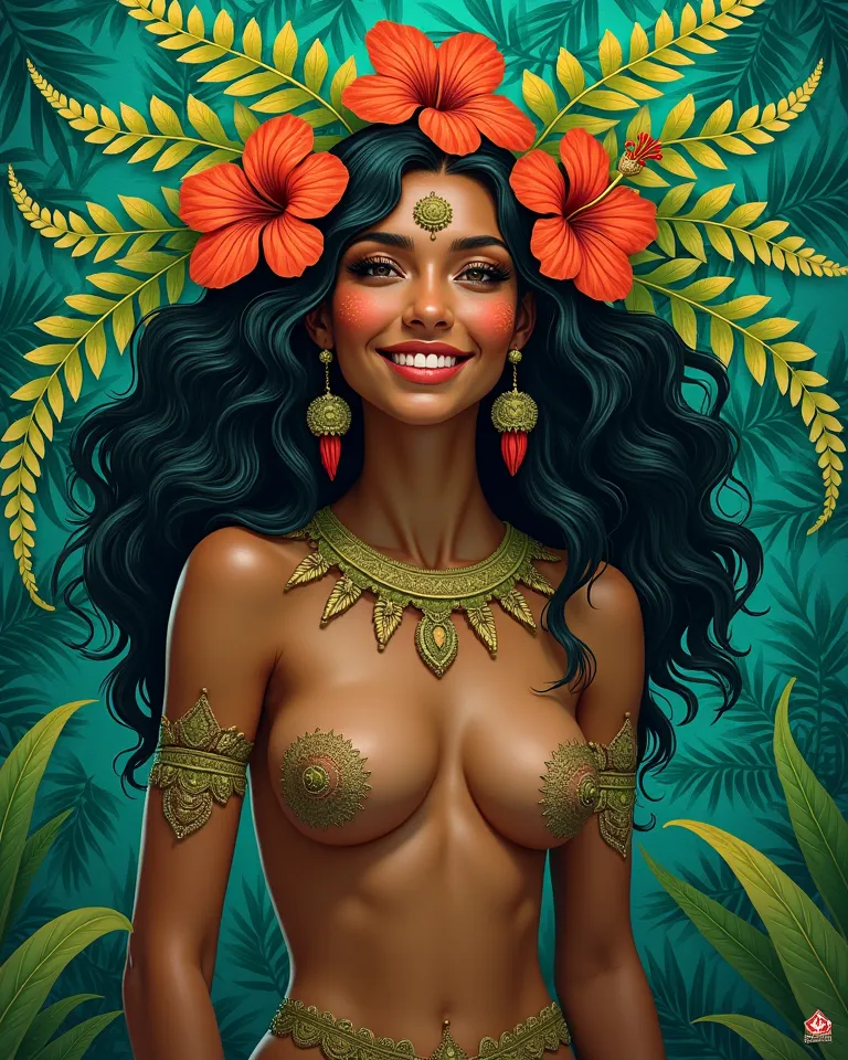 A hyper-realistic 4K Art Nouveau digital painting of Papatuanuku, the Maori earth mother, she smiles cutely, her body naked, her hair adorned with ferns and hibiscus flowers, surrounded by intricate turquoise and lime green tropical forest patterns.