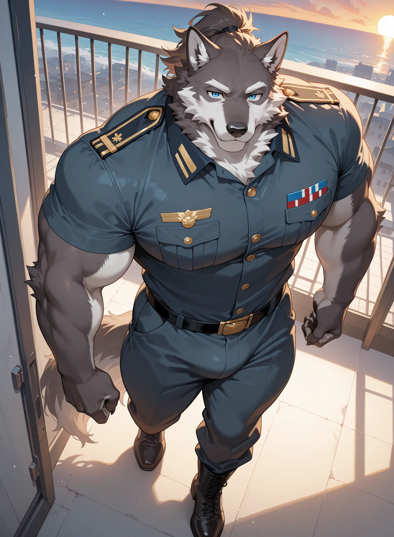 best quality,latest,masterpiece,high resolution,safe,male fuzzy,only,muscles,perfect anatomy, smooth,giant biceps,handsome,Alone,safe,
Wolf,ponytail、Kind Face、front、 by Kanae,luxury,ＶＩＰ,high angle view,blue eyes、viewers,Dark Navy Fur,Military Uniform 、 bal...