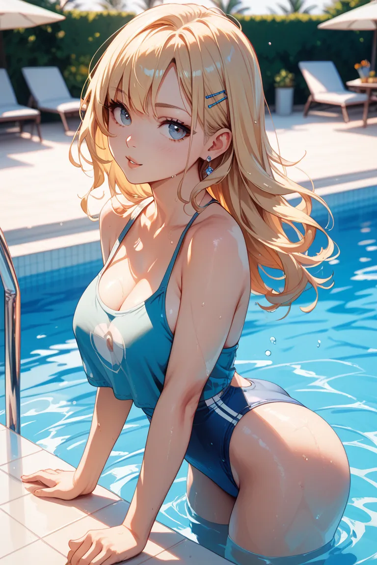 blonde wolfcut girl swimming in the pool