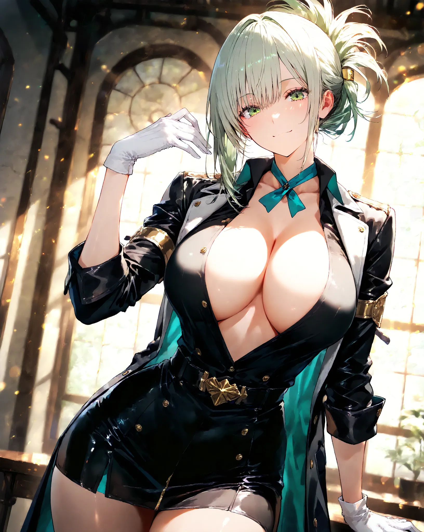 (girl solo),((blown hair)),(Low position_sidetail hair style),light green eyes,sharp bangs,round eyes,(light smiles),collarbone,bare skin,Collared Neckwear,medium bust,(knight),coat,arm sleeves,white gloves,(cowboy_shot),(perfect anatomy),(耳より下で縛ったサイドテール)