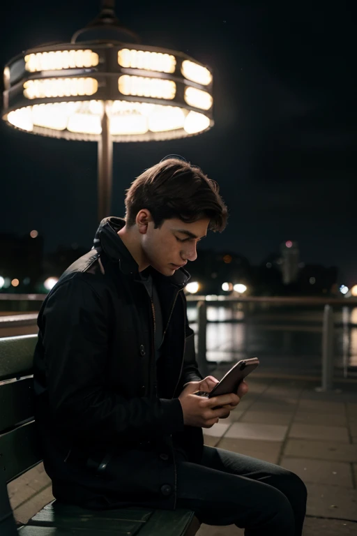 A lonely young man sitting on a park bench at night, looking at his phone with a sad expression. The screen shows unanswered messages, and the city lights behind him blur into the distance, emphasizing his loneliness