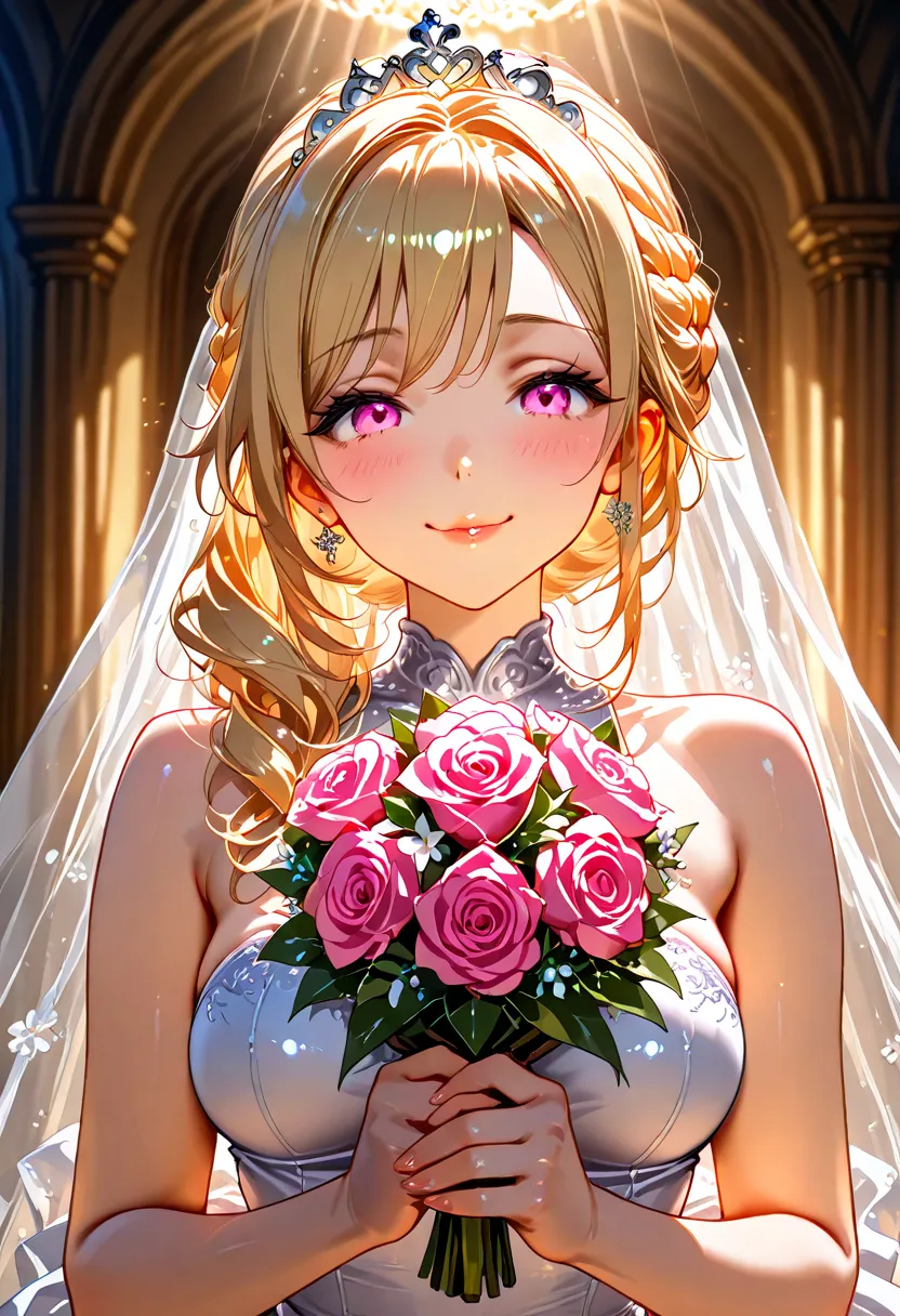 princess tiara, wedding dress, sexy pose, beautiful lighting, long blonde hair, french braid, sleeveless, pink eyes, medium breasts, mature, detailed lips, happy expression, in chapel, getting married, holding bouquet 