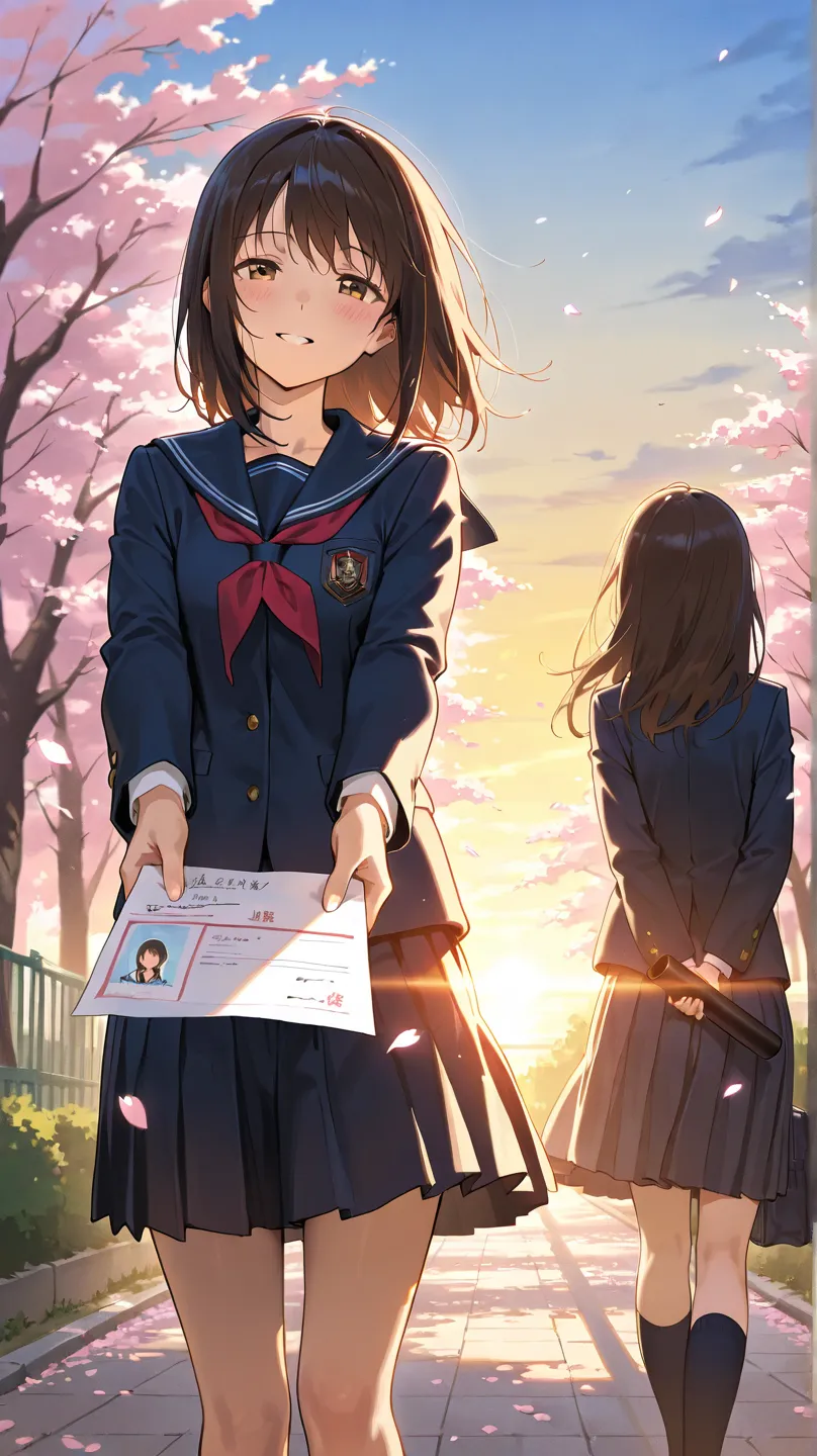 (masterpiece, best quality, ultra-detailed, 8k, high resolution), anime style, 
beautiful high school girl, Japanese school uniform, sailor uniform, blazer uniform, pleated skirt, 
cherry blossoms, petals falling, graduation ceremony, graduation certificat...