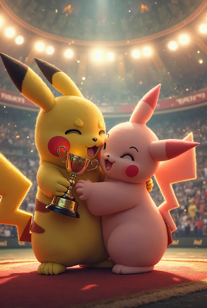 Pikachu holding the champion trophy while having sex with Chancey