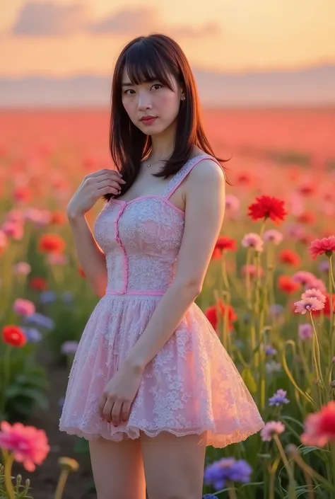 Create a portrait of a stunning Japanese idol wearing a cute mini dress, striking a pose. She has semi-long hair, a slender figure, small breasts, and thin legs. The background features a vast flower field bursting with vibrant colors, illuminated with cin...
