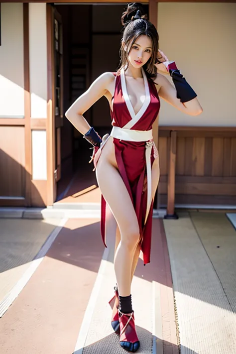 mai shiranui, (Full body:1.6), (black satin tabi:1.3), (wearing fitted black tabi:1.5), (Photo realistic:1.2), (masterpiece:1.2), (Best Quality), (ultra-detailed), (8K, 4K, Convoluted), (Flat Lighting:1.2), (skinny), Prestige, Brown eyes, Long brown hair, ...