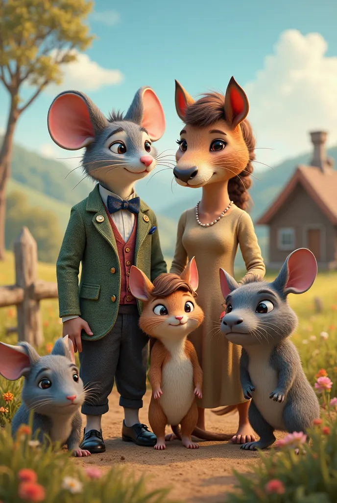 Create a family photo of dad as a mouse, Mom is a cat., son is a horse, with Gái Là Trâu