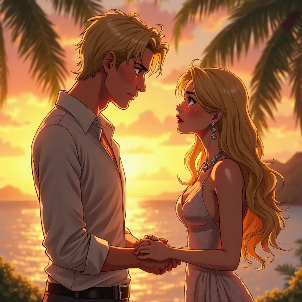 A beautiful blonde woman with teary eyes looks up in shock as a tall, blond man holds her hands tightly under the warm golden sunset. He is sweating, his face tense, as if he's making a desperate confession. She looks conflicted—afraid yet mesmerized. Her ...