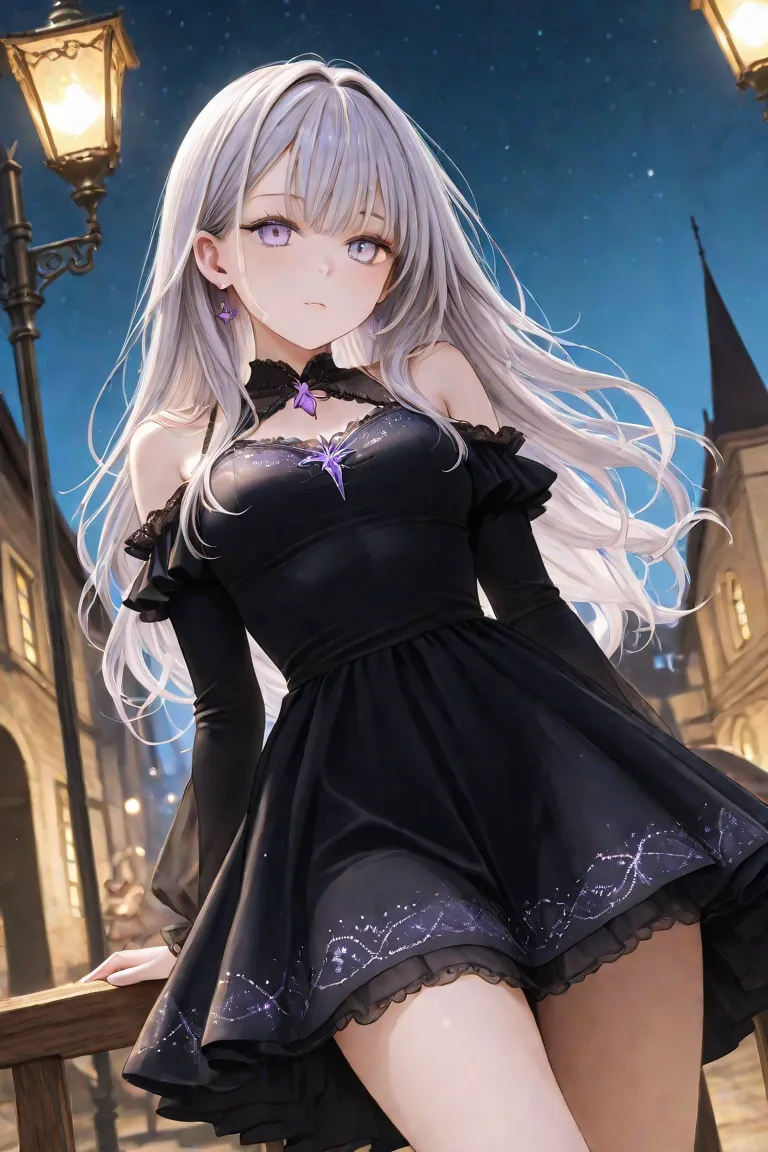  Silver Hair、long hair、light purple eyes、Night Sky、 long black dress 、 Witch、owl