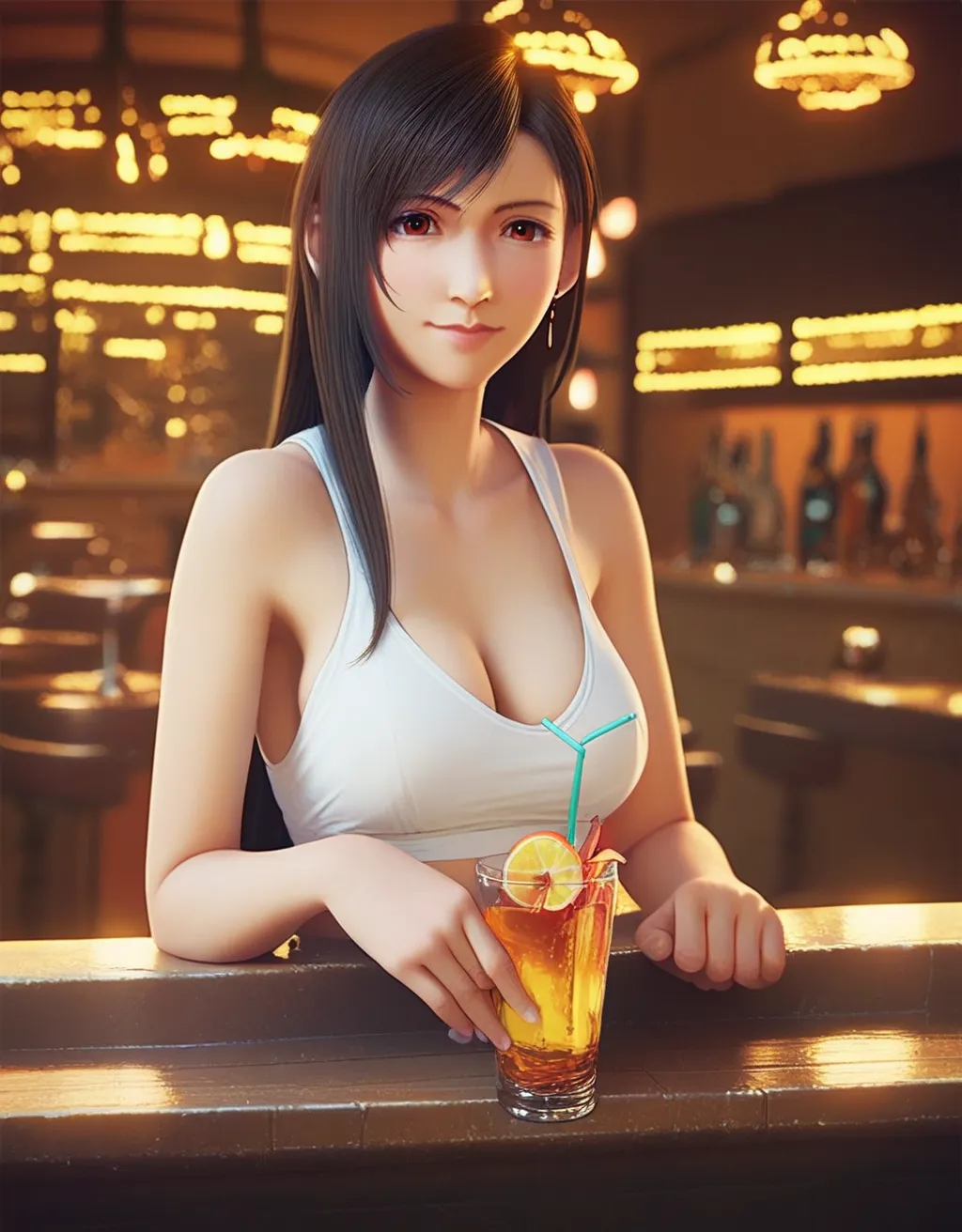 tifa, (source_anime,2d),Score_9, score_8_up, score_7_up, score_6_up,detailed , 1girl, solo, dark hair, handing viewer a cocktail at a bar