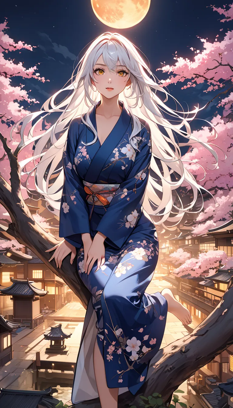 This is an illustration of an anime girl with a perfect hourglass figure, white hair and tanned Japanese skin in a new and vivid pose. She is wearing a kimono with graceful curves that reflect the golden ratio, adorned with a contemporary design that signi...