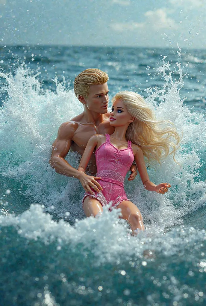 Create an image of the blonde Ken saving blonde Barbie from drowning in the sea 