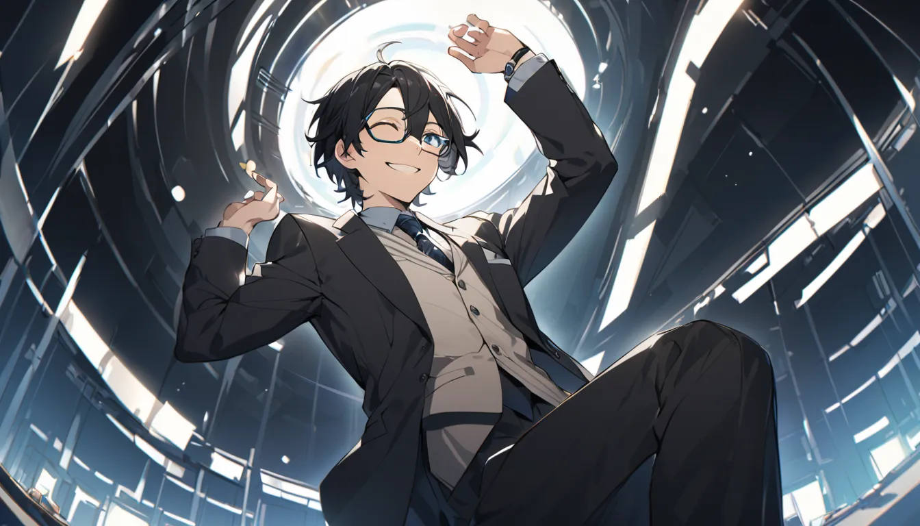 Man with eyes closed、smile、wears glasses、I'm wearing a suit、 has split black hair、angle from below、I have white chocolate