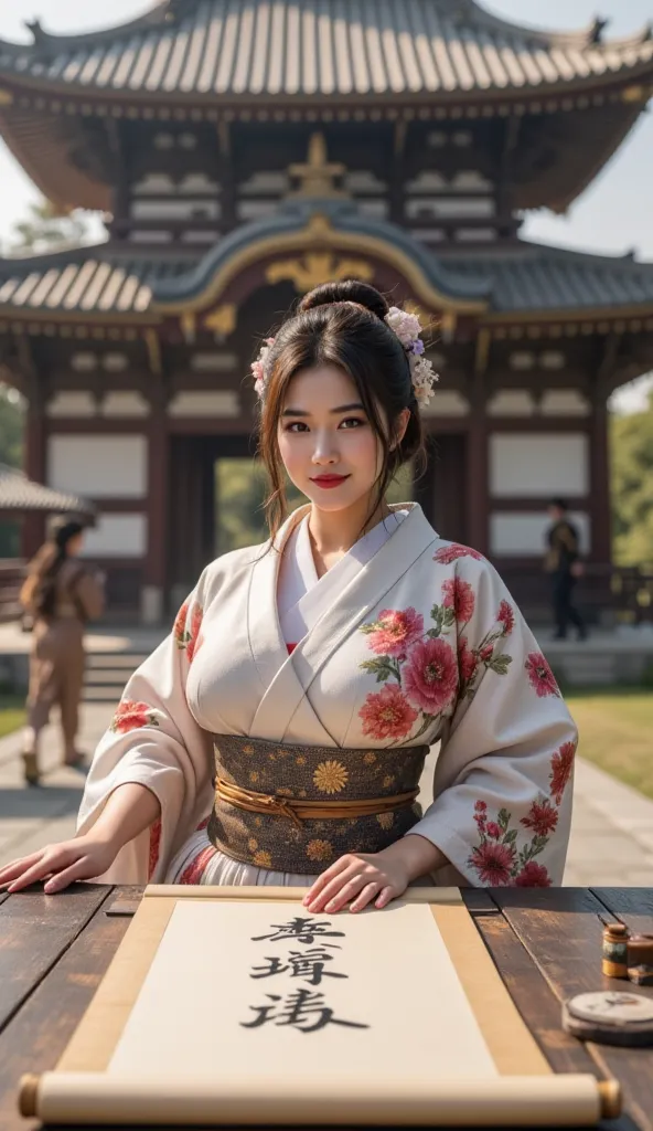 ((**Prompt:** during ancient japan tokugawa time, Create a hyper-realistic wide scenery image of a prehistoric japanese geisha female sitting confidently at the forefront, her fully well rounded body curvy view showcasing her elegantly silhouette. She hold...