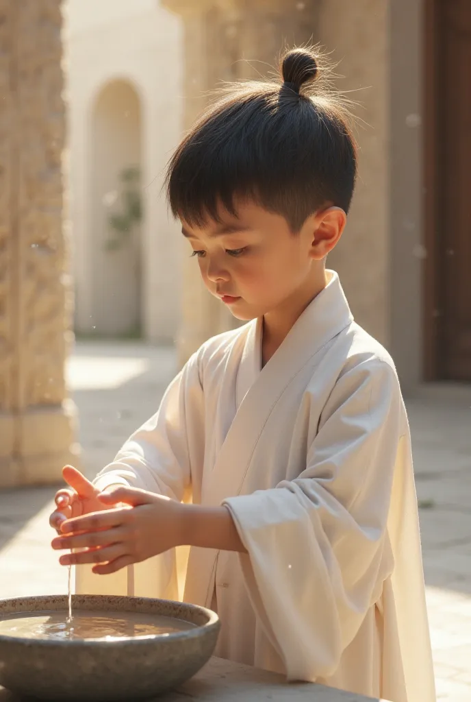 A young boy in fresh, white traditional clothes, washing his face in preparation for prayer