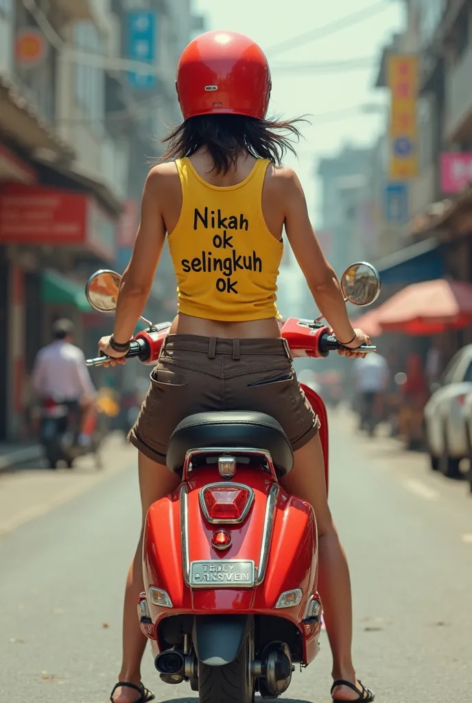 seen from the behind
a 35year old Asian woman,big ass,wearing a red helmet,clean white skin,wearing a yellow y shirt with say"nikah ok selingkuh ok" ,dark brown short cargo and black flip-flops,riding on a red  classic scooter on the streets.high realistic...