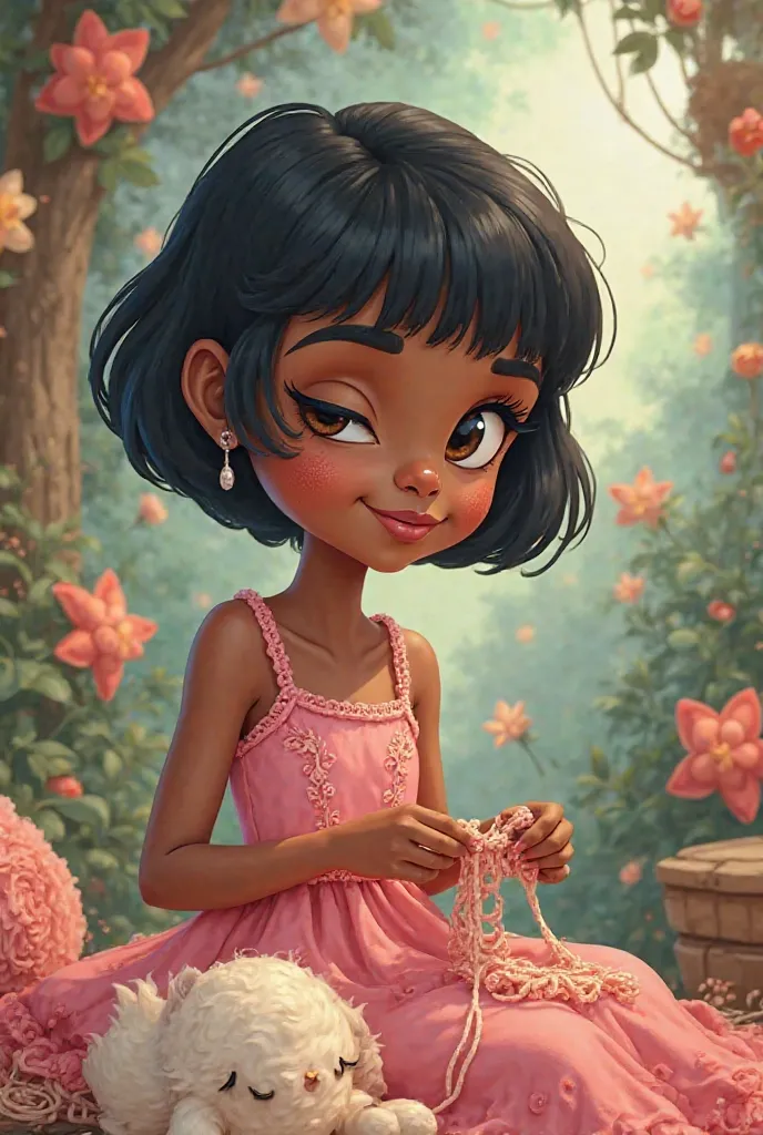 cartoon based on Disney characters, Of a dark brown young woman, with short black fringed hair, squat eyes and thick eyebrows, wearing a short pink dress and crocheting