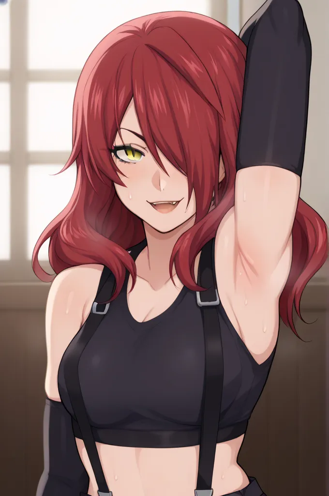 score_9, score_8_up, score_7_up, score_6_up, score_5_up, source_anime, rating_safe, medium breasts, indoors, 1girl, solo, looking at viewer, (upper body:1.2), kobayashi rindou, long hair, red hair, wavy hair, yellow eyes, hair over one eye, slit pupils, fa...