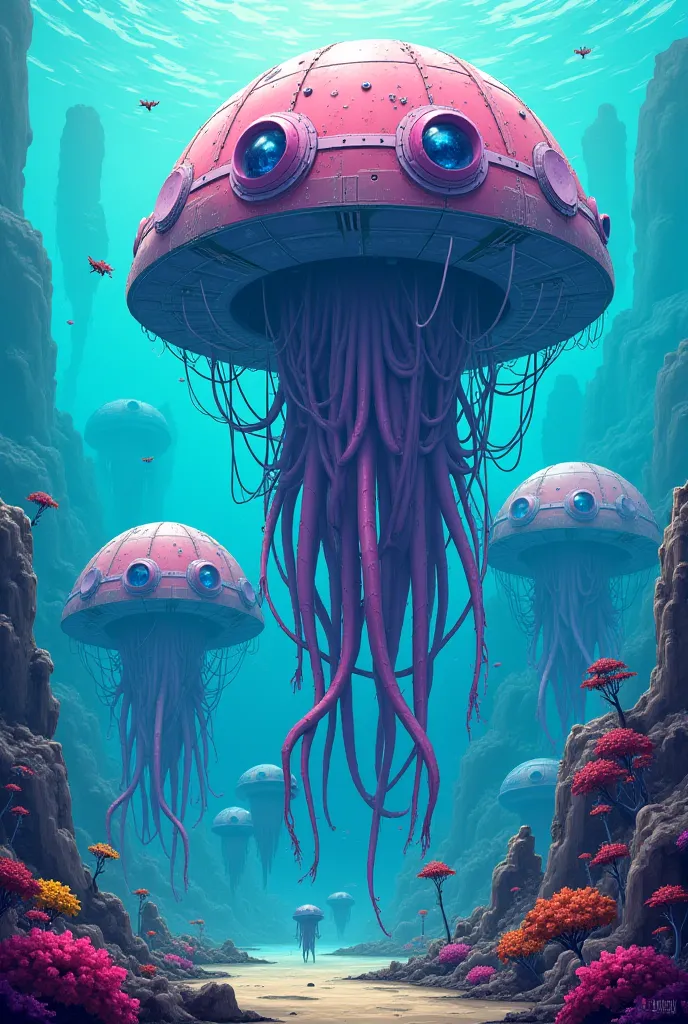 giant ocean bosses：Box-shaped jellyfish、The face is ferocious，Eyes are dazzling，2d cartoon，bright colors and diesel-punk mechanical art style， GAME LIKE 《small ship super brave》Style，Delicate lines, soft light and shadow, high saturation,  bright colors , ...