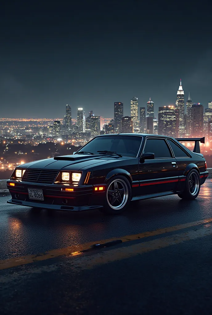 Give me an image of a Mustang Shelby, color black, from the 80s with a panoramic view of a renowned California city at night, all similar to real life