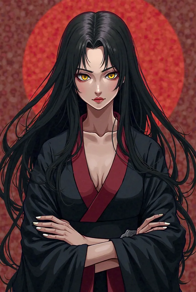 anime style, Mature woman, Orochimaru /Naruto/, goth, Orochimaru mulher,  Elegant Woman, long shoulders, kimono branco, snake eyes, yellow eyes, long hair, black hair,  detailed, High quality, best quality, woman leader, strong woman