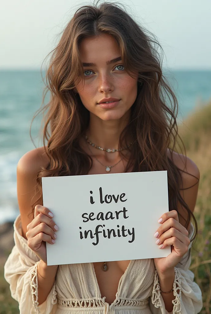 Beautiful girl with wavy long hair, bohemian dress, holding a white board with text "I Love Seaart Infinity" and showing it to the viewer