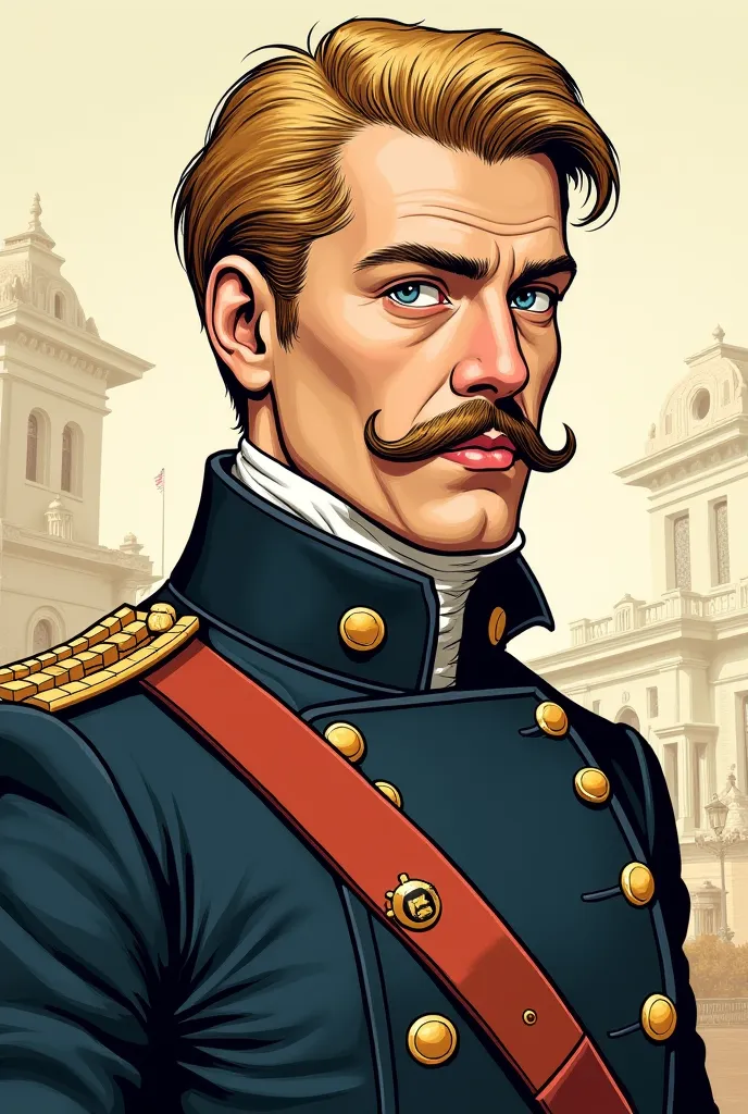 Make me a drawing for a comic based on the following text All I did was march in opposite directions and cross quickly through cities. He had big blue eyes, big blond mustaches he was instinctively elegant. It's a comic based on 1863 and he's a soldier 