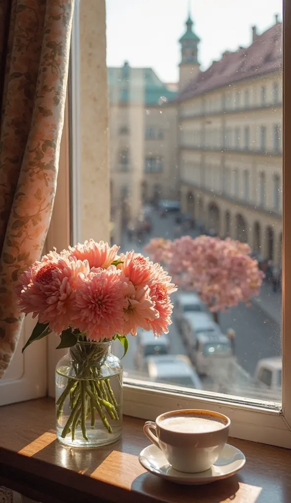 View from Warsaw Royal Palace window,Lisianthus,coffee,bouquet,Genuine,4K,high resolution,Genuineistic,high quality,Expert,Bokeh,  Warm Tones, delicate detail 