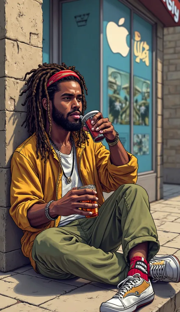 A highly detailed and ultra-realistic illustration in the style of GTA 5, depicting a Jamaican boy with dreadlocks lying in front of an iPhone store 22, criar imagem estilo gta5, ele deve estar sentado na calçada tomando uma bebida e a loja do iphone ao fu...