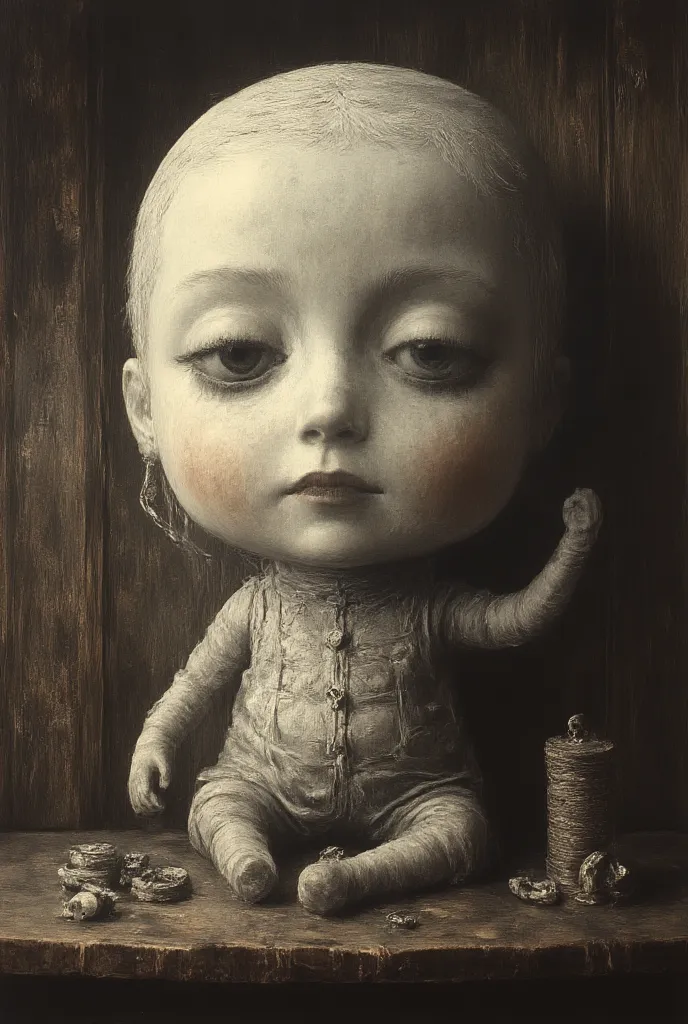 A small rag doll with a head bigger than the body, the eyes are two buttons, And there's no mouth with a face , sitting on a rustic wooden table on the table has one has several rolls of yarn, buttons and scissors the window are made of small square glasse...