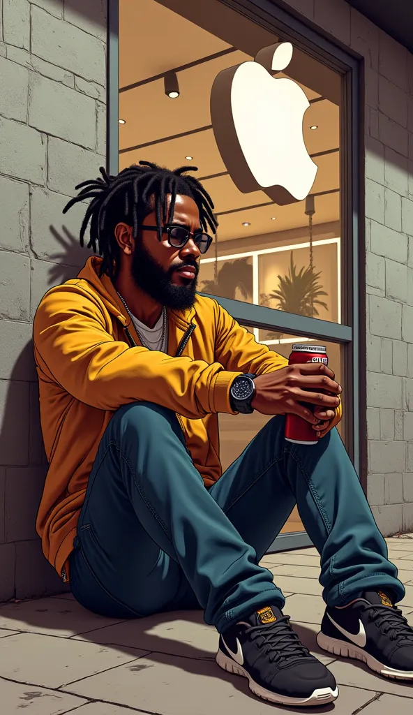 A highly detailed and ultra-realistic illustration in the style of GTA 5, depicting a Jamaican boy with dreadlocks lying in front of an iPhone store 22, criar imagem estilo gta5, ele deve estar sentado na calçada tomando uma bebida e a loja do iphone ao fu...