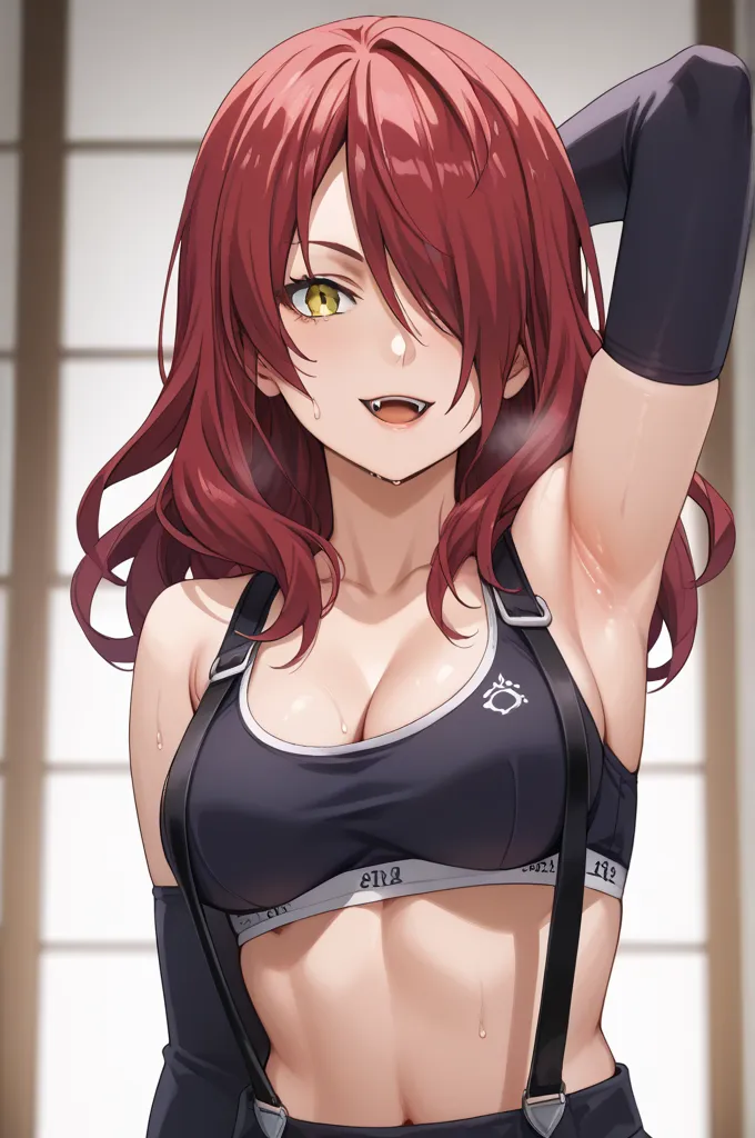 score_9, score_8_up, score_7_up, score_6_up, score_5_up, source_anime, rating_safe, medium breasts, indoors, 1girl, solo, looking at viewer, (upper body:1.2), kobayashi rindou, long hair, red hair, wavy hair, yellow eyes, hair over one eye, slit pupils, fa...