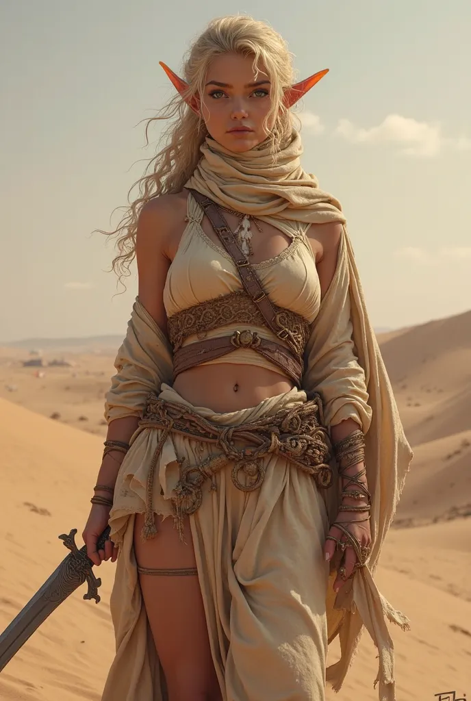 Full body RPG character: elf, (((big breasts))), big ass, light brown skin, blue eyes, pointed elf ear, curly hair, blonde, calm, strong-willed, desert clothes, nomad clothes, face covered with Bedouin cloths, only eyes showing, warrior, scimitar, desert b...