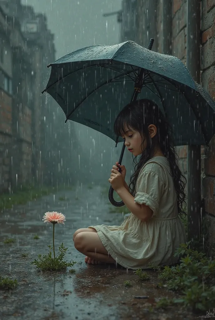 Create a picture a girl is sitting down in a rainy dark background, an ambrala in her hand and is is looking a little flower come from a ruf ground 