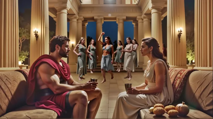 A realistic night scene in the hall of an ancient Greek palace, lit with torches. In the center, Hercules is sitting on a couch talking to Queen Hippolyta. Both are holding silver cups. The image is high definition and ultra-realistic, like a scene from a ...