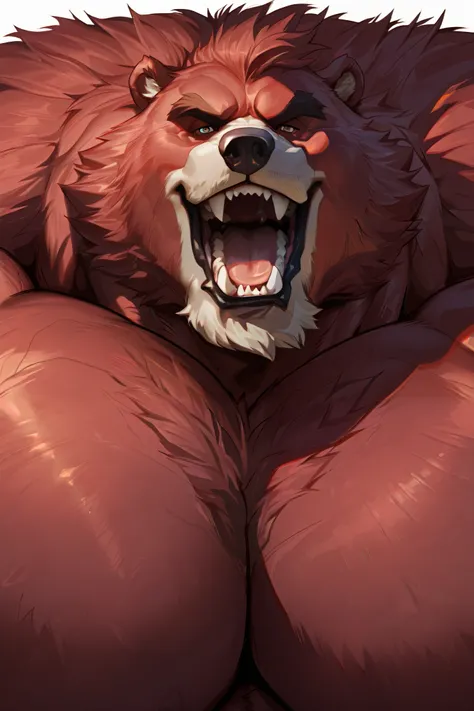 Close-up: obese muscular Red Bear, very huge gut, detailed inviting expression, old face, open mouth, detailed eyes, wide shoulder, thick arms, wide pectoral, muscle, messy fur:1.2, detailed eyes, focus eyes, no-clothes, masterpiece, semirealistic:1.2, hig...