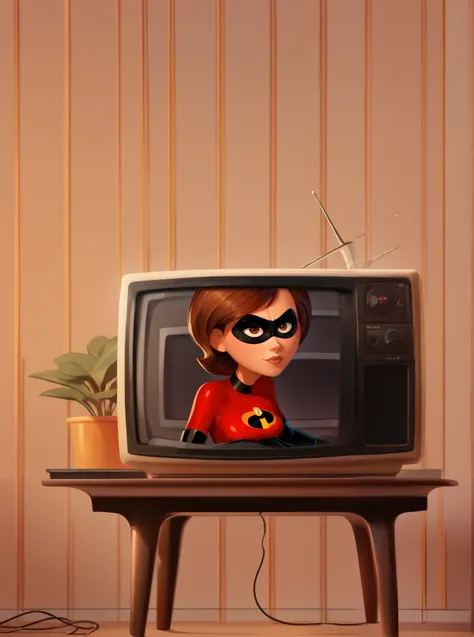 helen parr, 1girl, solo, brown hair, brown eyes, red bodysuit, domino mask, elbow gloves, lips, yellow belt, thigh boots, ((tv program)), tree, ((portrait))
